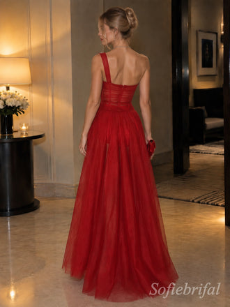 Red Mesh One Shoulder Sheer Corset Bustier Puffy Tulle Prom Dress,PD1382