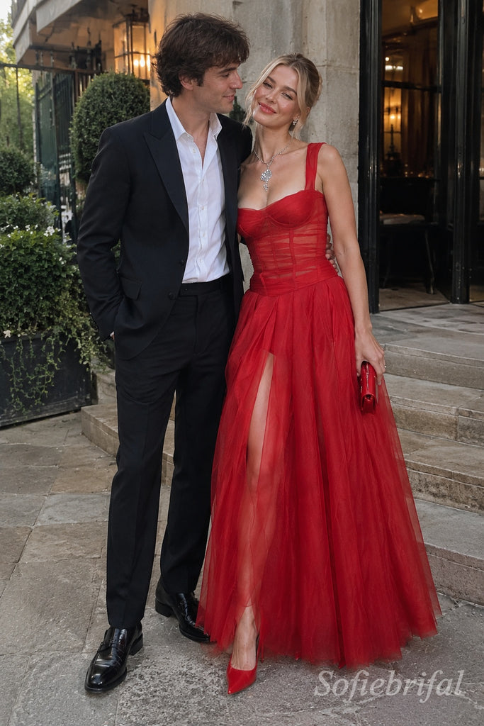 Red Mesh One Shoulder Sheer Corset Bustier Puffy Tulle Prom Dress,PD1382