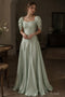 Sage Green Satin Square Neck Puff Cap Sleeve 3D Floral Embroidery Ruched A-Line Evening Dress,PD13837