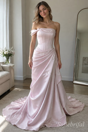 Dusty Rose Satin Off Shoulder Bow Tie Boned Corset 3D Floral Embroidery Ruched Trumpet Prom Dress,PD1383