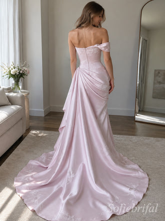 Dusty Rose Satin Off Shoulder Bow Tie Boned Corset 3D Floral Embroidery Ruched Trumpet Prom Dress,PD1383