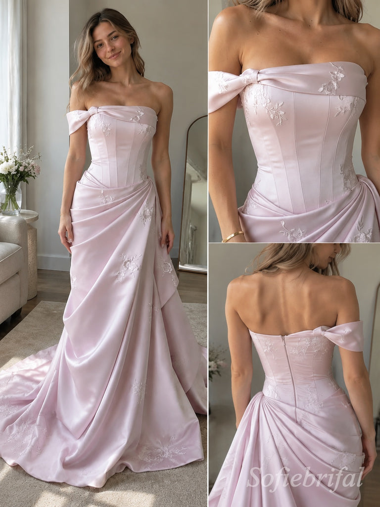 Dusty Rose Satin Off Shoulder Bow Tie Boned Corset 3D Floral Embroidery Ruched Trumpet Prom Dress,PD1383