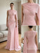 Dusty Rose Jersey Asymmetric Drape Cape Sleeve Ruched Mermaid Evening Dress,PD13834