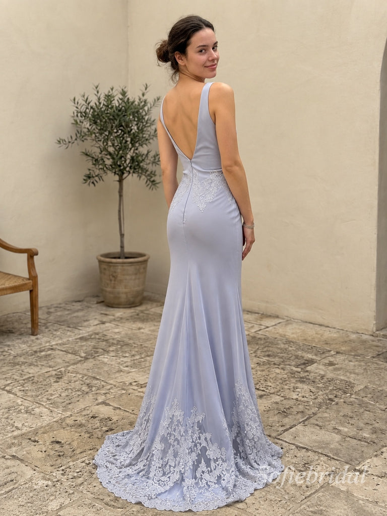 Dusty Blue Chiffon Deep V Sleeveless Lace Applique Tie Front Mermaid Evening Dress,PD13835