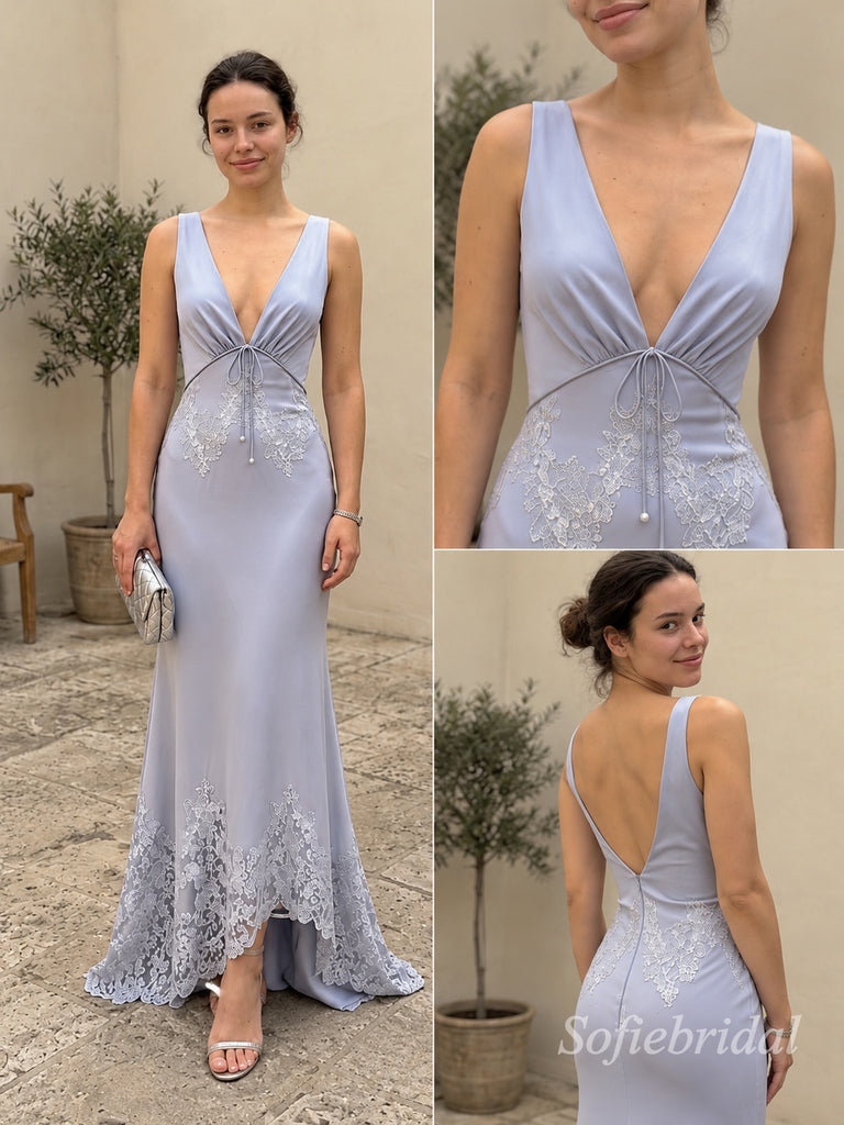 Dusty Blue Chiffon Deep V Sleeveless Lace Applique Tie Front Mermaid Evening Dress,PD13835