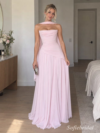 Light Pink Chiffon Strapless Draped Neck Scarf Cape Ruched A-Line Floor Length Evening Dress,,PD13842