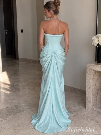 Mint Satin Strapless Ruffle Neck Structured Bodice Draped Mermaid Floor Length Evening Dress,PD13843