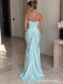 Mint Satin Strapless Ruffle Neck Structured Bodice Draped Mermaid Floor Length Evening Dress,PD13843