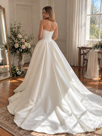 White Mikado Satin Strapless Sweetheart Lace Trim Ball Gown Floor Length Wedding Dress, SFWD0098