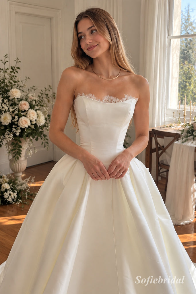 White Mikado Satin Strapless Sweetheart Lace Trim Ball Gown Floor Length Wedding Dress, SFWD0098