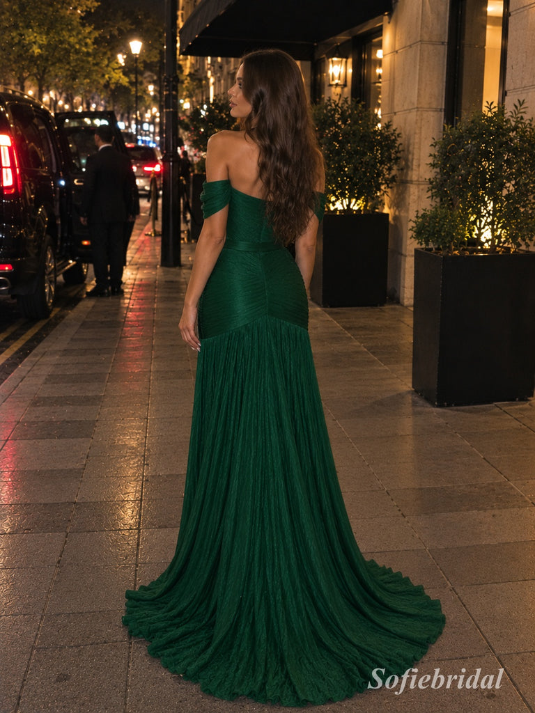 Emerald Green Pleated Chiffon Off The Shoulder Wrap Ruched Floor Length Evening Dress,PD13838