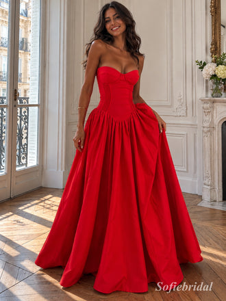 Red Satin Strapless Sweetheart Corset Structured Voluminous Ball Gown Evening Dress,PD13839