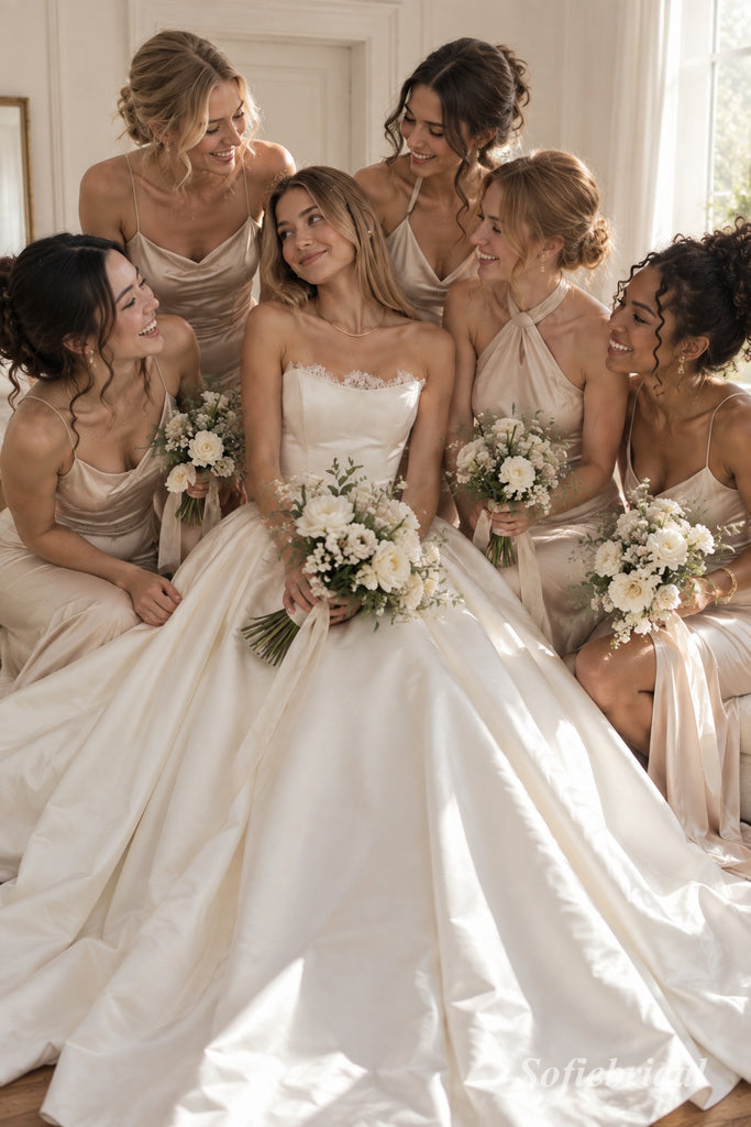 White Mikado Satin Strapless Sweetheart Lace Trim Ball Gown Floor Length Wedding Dress, SFWD0098