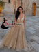 Spaghetti Deep V-neck A-line Sequin Tulle Prom Dresses, Gorgeous Sparkle Prom Dresses, PD0455