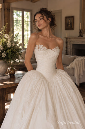 White Mikado Satin Strapless Sweetheart Lace Applique Ruched Bodice Ball Gown Floor Length Wedding Dress, SFWD0102