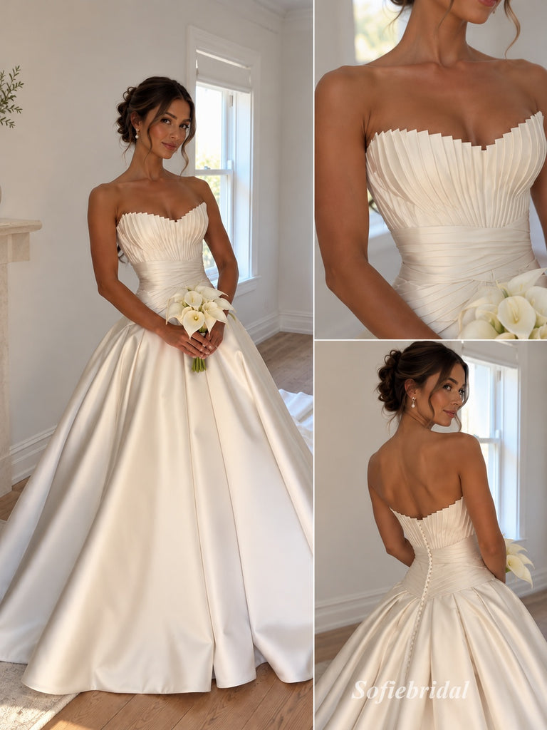 Ivory Satin Strapless Sweetheart Pleated & Draped Waist Structured Bodice Ball Gown Floor Length Wedding Dress, SFWD0105