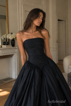 Black Matte Stretch Crepe Strapless Ruched Bodice Ball Gown Floor Length Evening Dress,PD13851