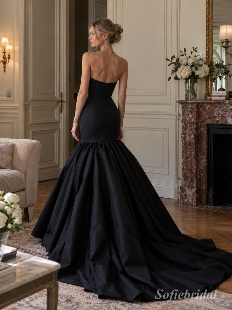 Black Satin Strapless Sculpted Bodice Voluminous Flared Mermaid Skirt Floor Length Evening Gown,PD13849