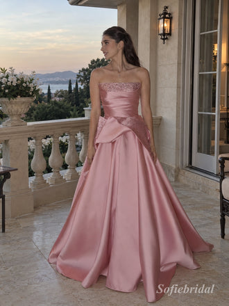 Dusty Pink Satin Strapless Beaded Bodice Ruffle A-Line Floor Length Evening Dress,PD13845