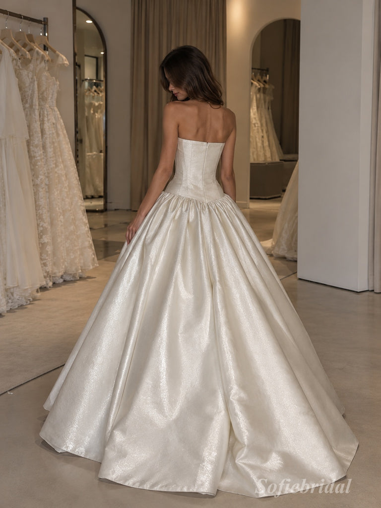 White Jacquard Satin Strapless Square Neck Structured Bodice Ball Gown Floor Length Wedding Dress, SFWD0104
