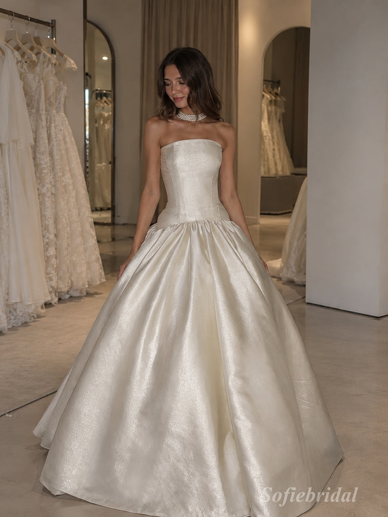 White Jacquard Satin Strapless Square Neck Structured Bodice Ball Gown Floor Length Wedding Dress, SFWD0104