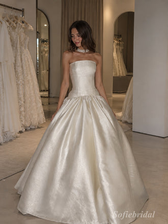 White Jacquard Satin Strapless Square Neck Structured Bodice Ball Gown Floor Length Wedding Dress, SFWD0104