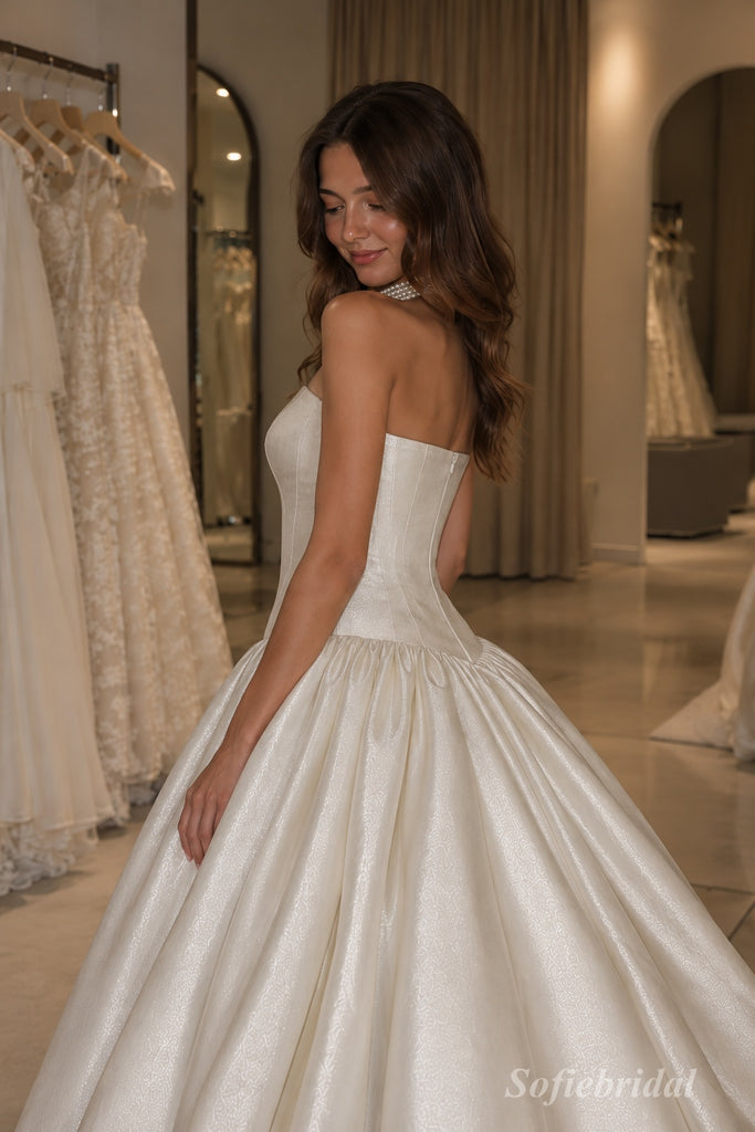White Jacquard Satin Strapless Square Neck Structured Bodice Ball Gown Floor Length Wedding Dress, SFWD0104