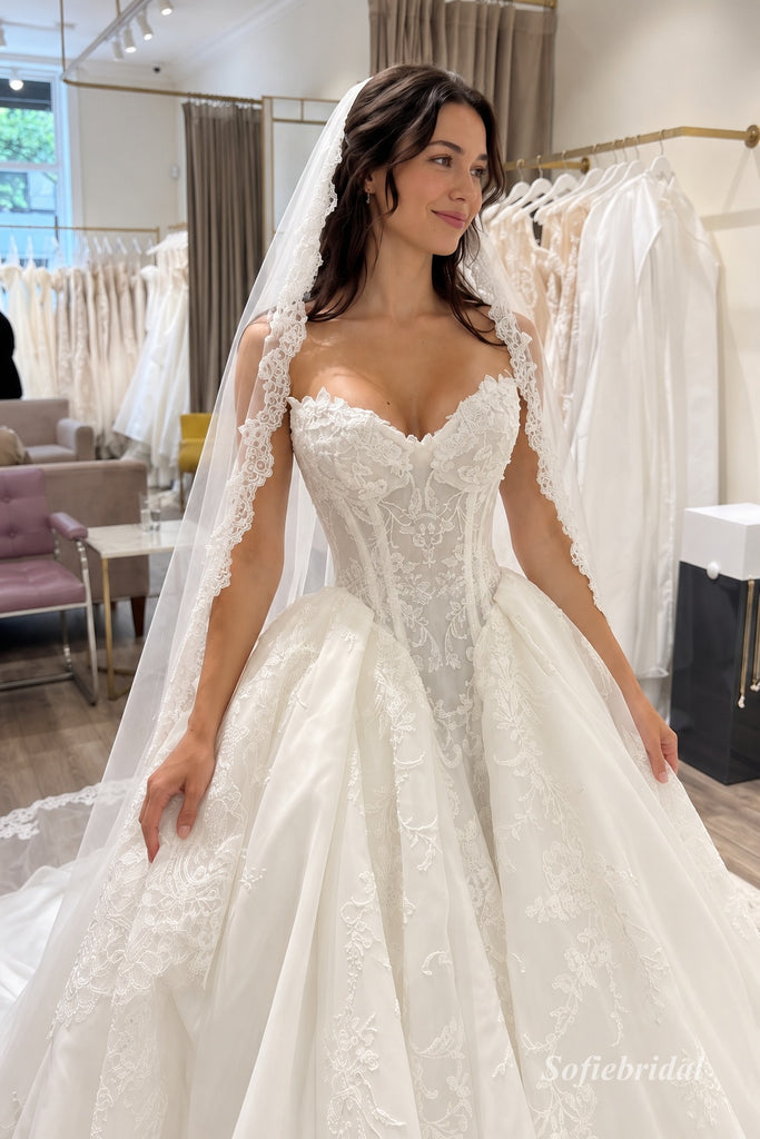 White Lace Organza Sweetheart Corset Bodice Ball Gown Wedding Dress With Chapel Train,SFWD0111