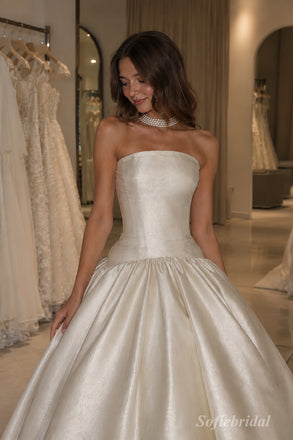 White Jacquard Satin Strapless Square Neck Structured Bodice Ball Gown Floor Length Wedding Dress, SFWD0104