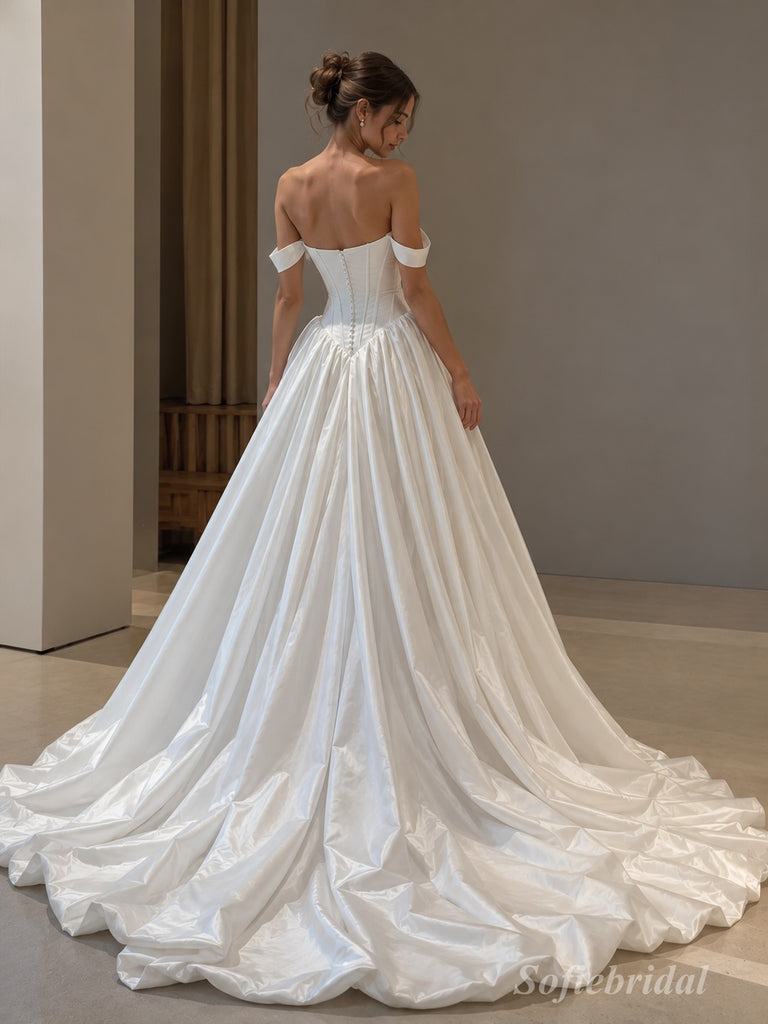 White Mikado Satin Off The Shoulder Sweetheart Corset Ball Gown Floor Length Wedding Dress, SFWD0103