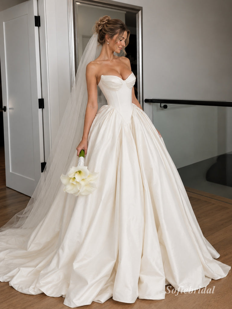 White Heavy Satin Sweetheart Corset Ball Gown Wedding Dress With Voluminous Skirt & Sweep Train,SFWD0112