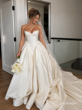 White Heavy Satin Sweetheart Corset Ball Gown Wedding Dress With Voluminous Skirt & Sweep Train,SFWD0112