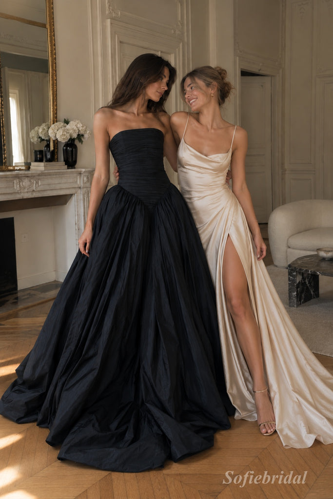 Black Matte Stretch Crepe Strapless Ruched Bodice Ball Gown Floor Length Evening Dress,PD13851
