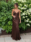Chocolate Satin Spaghetti Strap Mermaid Gown With Lace Low Back Bodice & Flowing Floor Skirt, PD13880