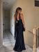 Navy Satin Strapless Draped Bodice Mermaid Gown With Choker Tulle Sash, PD13868