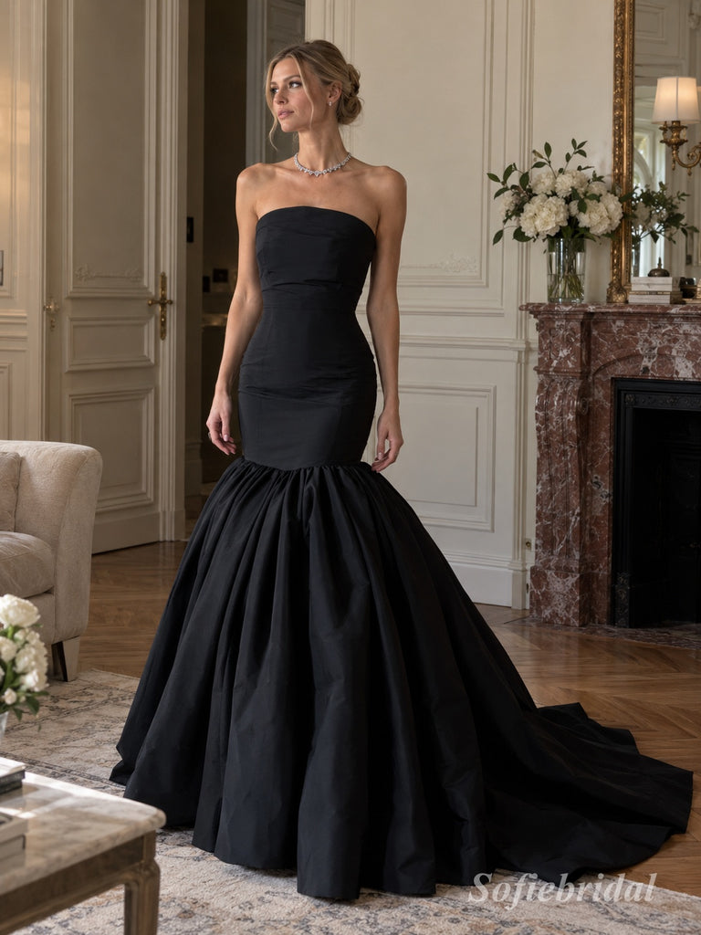 Black Satin Strapless Sculpted Bodice Voluminous Flared Mermaid Skirt Floor Length Evening Gown,PD13849