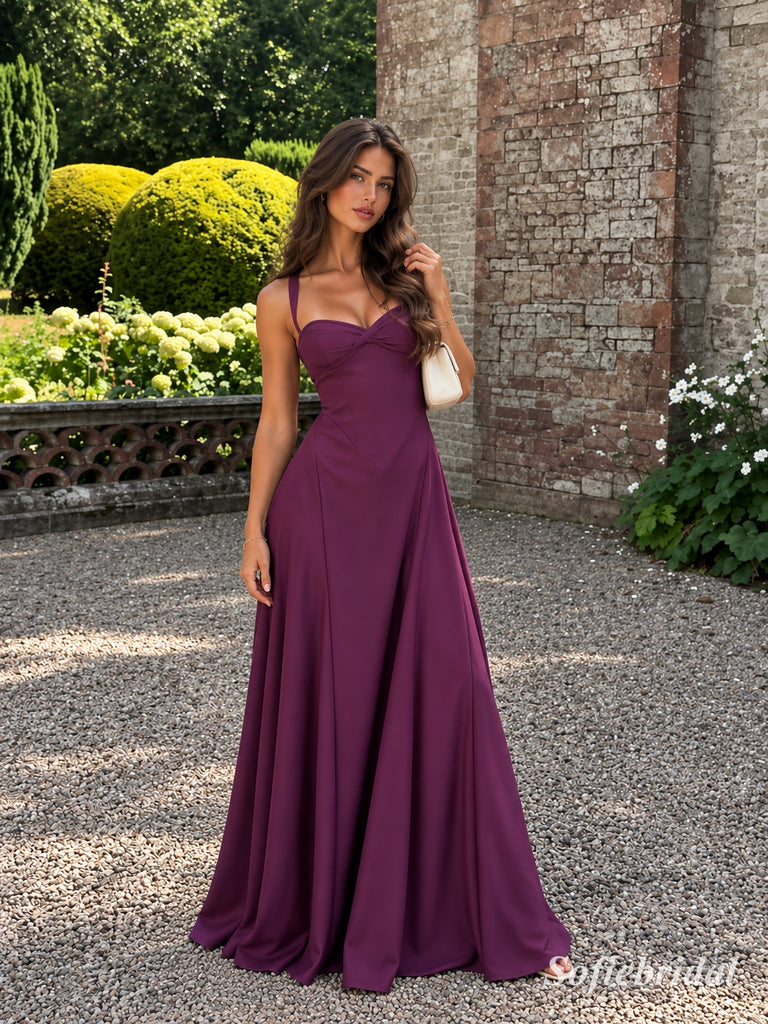 Plum Chiffon Wide Strap Sweetheart A-Line Gown With Twisted Ruched Bodice & Flowy Full Skirt, PD13882