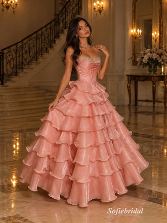Dusty Rose Strapless Sweetheart Corset Bodice Tiered Ruffled Ball Gown Floor Length Evening Dress,PD13854