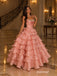 Dusty Rose Strapless Sweetheart Corset Bodice Tiered Ruffled Ball Gown Floor Length Evening Dress,PD13854