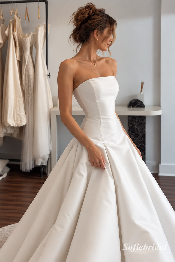 White Heavy Satin Strapless Ruched Bodice Ball Gown Wedding Dress With Dramatic Bow & Sweep Train,SFWD0115