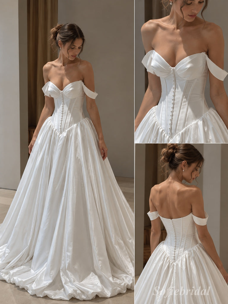 White Mikado Satin Off The Shoulder Sweetheart Corset Ball Gown Floor Length Wedding Dress, SFWD0103