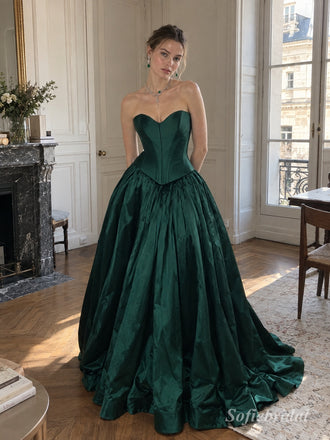 Emerald Green Satin Sweetheart Corset Bodice Ball Gown Floor Length Evening Dress,PD13847