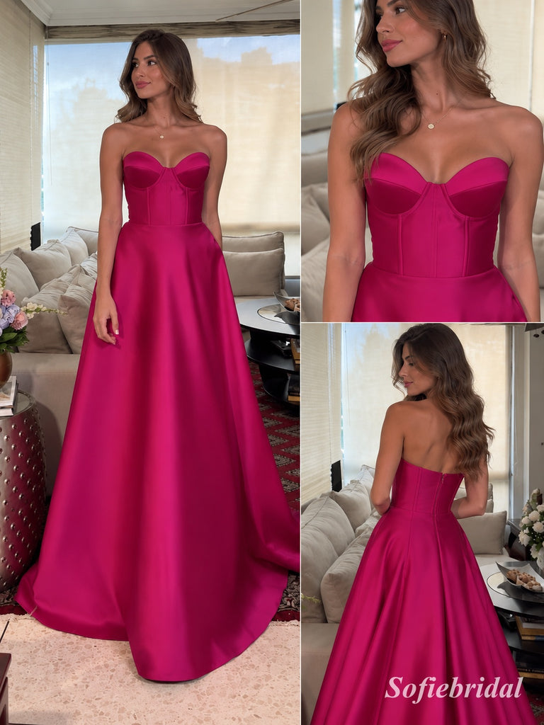 Fuchsia Satin Strapless Sweetheart A-Line Gown With Structured Corset Bodice & Simple Flowy Skirt, PD13878