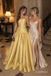 Golden Yellow Satin Strapless Belted Drop Waist A-Line Floor Length Evening Dress,PD13846