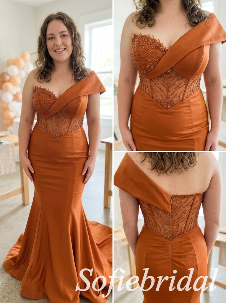 Terracotta Satin Off-the-Shoulder Sheer Beaded Corset Floor Sweeping Mermaid Prom Dress ,PD1360