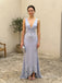 Dusty Blue Chiffon Deep V Sleeveless Lace Applique Tie Front Mermaid Evening Dress,PD13835