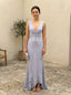 Dusty Blue Chiffon Deep V Sleeveless Lace Applique Tie Front Mermaid Evening Dress,PD13835