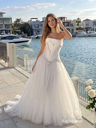 White Jacquard Satin Strapless Square Neck Structured Bodice Ball Gown Floor Length Wedding Dress ,SFWD0106