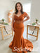 Terracotta Satin Off-the-Shoulder Sheer Beaded Corset Floor Sweeping Mermaid Prom Dress ,PD1360