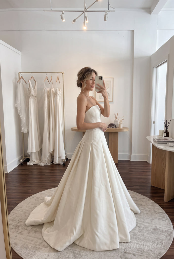 White Luxe Satin Strapless Straight Neck Structured Bodice Ball Gown Wedding Dress With Sweep Train,SFWD0108